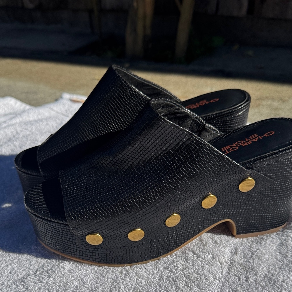 Charlotte Stone Black Mules with Gold Accents
